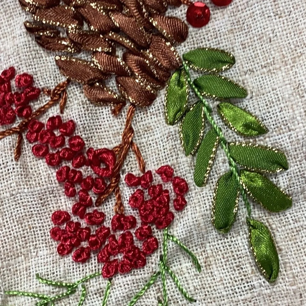 Winter Holiday Christmas Pine Cone Sequin Berry Embroidered Linen Table Runner - Picture 4 of 9